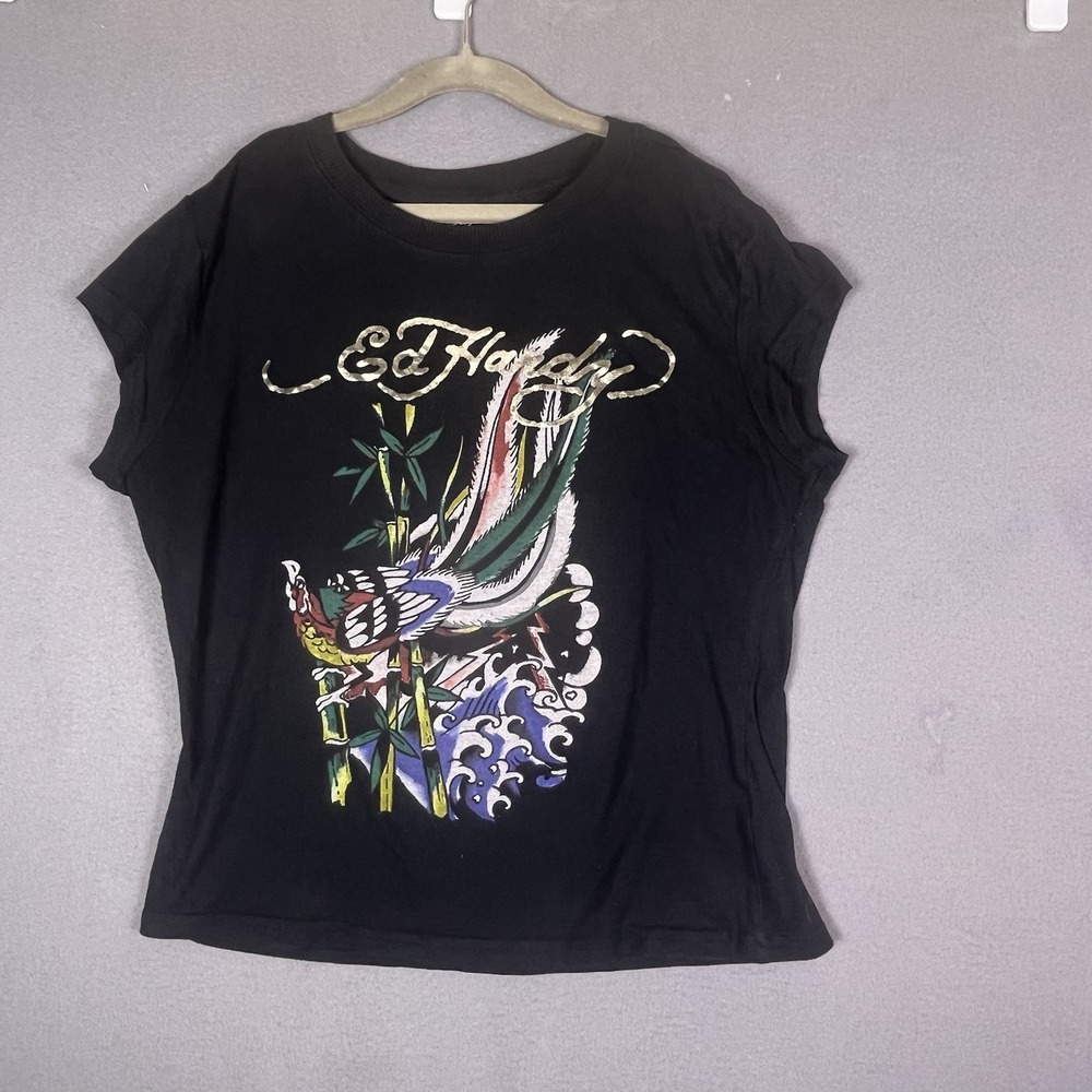 Ed Hardy Peacock Graphic Tee Black Cap Sleeve Gold Logo Y2K Tattoo Style Large
